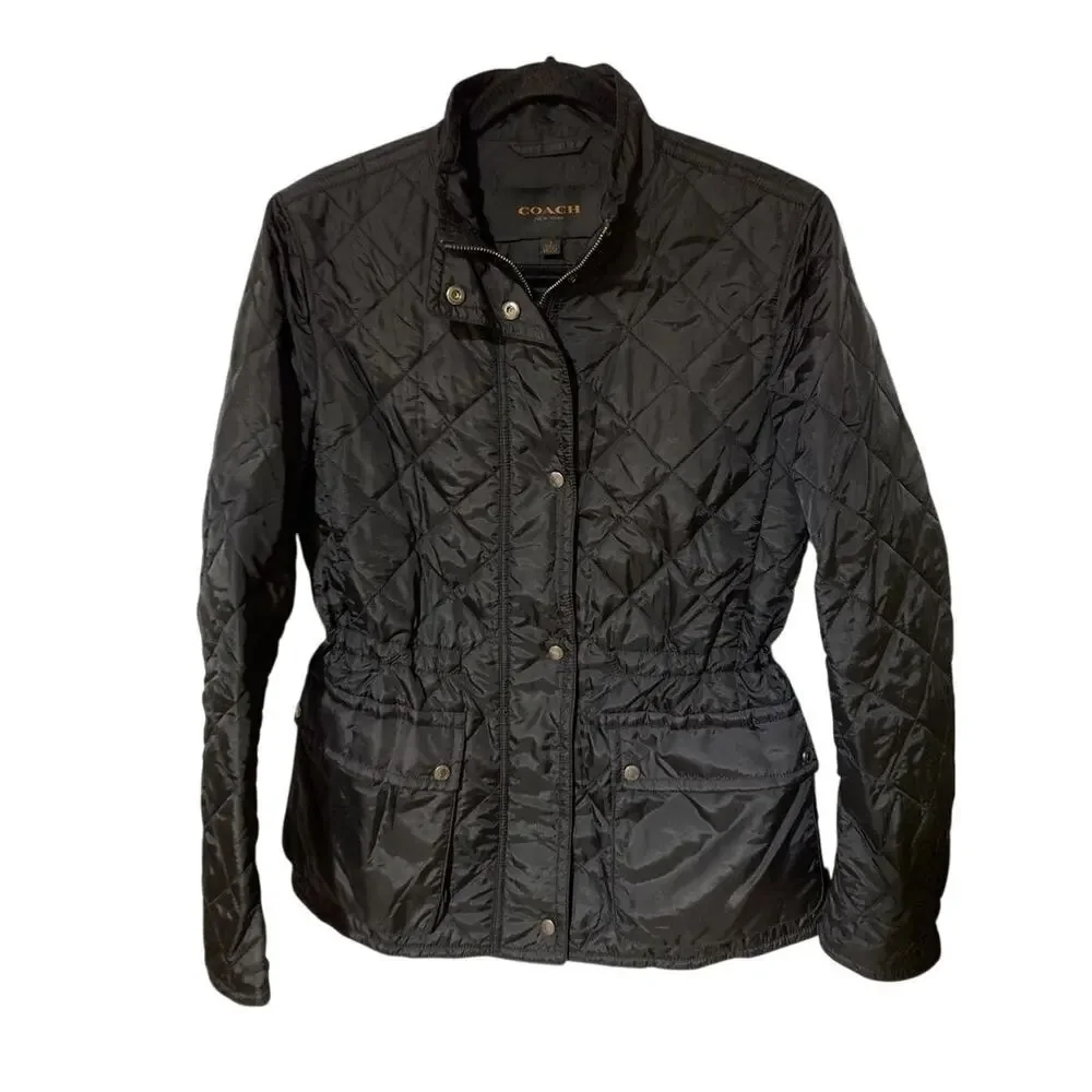 Coach Puffer Quilted Lightweight‎ Cinched Waist Black Jacket Women's Medium NWT